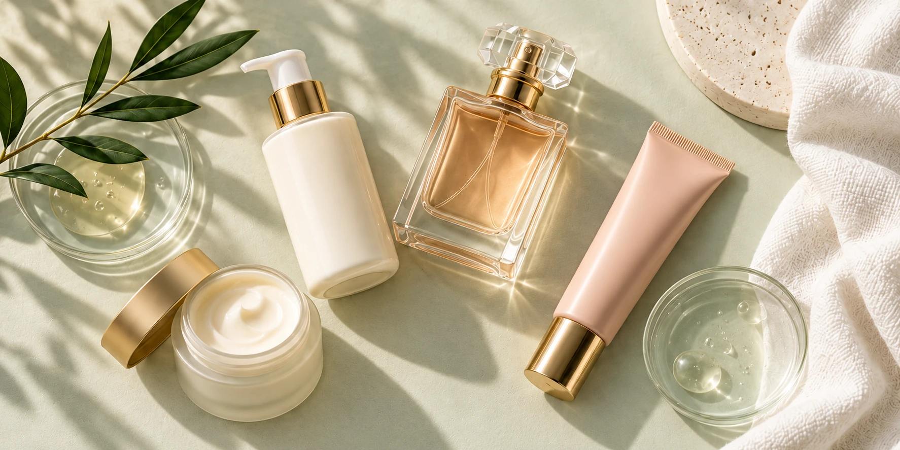 Unbranded cosmetic packaging on a sage surface